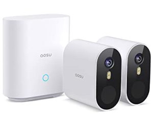 aosu Security Cameras Wireless Outdoor ، نظام كاميرا أمان لاسلكي بدقة 5 ميجابكسل UHD ، زاوية عريضة 166 درجة ، عمر بطارية 240 يومًا ، رؤية ليلية ، IP67 ، 1920p UHD ، بدون رسوم شهرية ، العمل مع Alexa ، مساعد Google