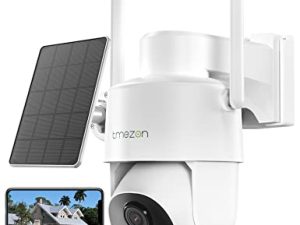 TMEZON كاميرا أمان لاسلكية خارجية ، كاميرا أمان 2K لاسلكية تعمل بالطاقة الشمسية ، تحكم PTZ WiFi ، رؤية ليلية ملونة مع عرض 360 درجة