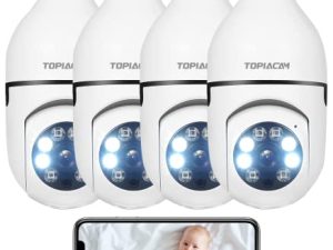 Topiacam 4 قطع 360 درجة كاميرا الأمن المصباح الكهربائي ، 2.4 جيجاهيرتز لاسلكي بمصباح الإضاءة وكاميرات المراقبة الملونة للرؤية الليلية صوت ثنائي الاتجاه للكشف عن الحركة الذكية بمقبس إضاءة الكاميرا الأمنية