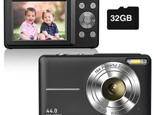 كاميرا رقمية 1080P 44MP نقطة رقمية وكاميرا تصوير للأطفال مع بطاقة ذاكرة 32 جيجا بايت ، تكبير 16X للأطفال الأولاد والبنات والطلاب ، أسود