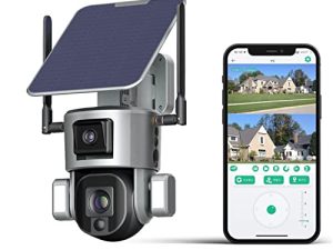 K UHD Ultra Low Power WiFi Wireless Dual Camera Link المدمج في لوحة شمسية مضادة للماء مانعة لتسرب الماء وكاميرات مراقبة نقاش ثنائية الاتجاه مع التطبيق ، بطاقة SD والتخزين السحابي (عدسات PTZ زووم بصري 10x)