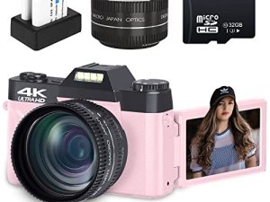 كاميرات رقمية للتصوير الفوتوغرافي ، كاميرا فيديو 4K لـ YouTube مع ضوء ملء مدمج ، تكبير رقمي 16X ، تركيز يدوي ، عدسة بزاوية عريضة 52 مم وعدسة ماكرو ، بطاقة TF 32 جيجابايت وبطاريتان