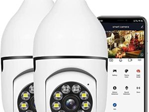 قطعتان من كاميرا أمان واي فاي بمصباح إضاءة لاسلكي خارجي 1080P وكاميرات مراقبة داخلية 360 درجة لأمن المنزل ، وكشف ذكي للحركة ، وصوت ثنائي الاتجاه