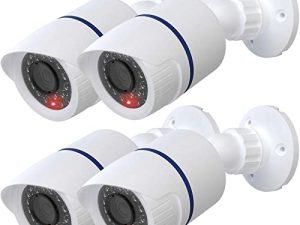 WALI Dummy Fake Simulated Surveillance Security CCTV Dome Camera داخلي في الهواء الطلق مع مصباح LED واحد ، ملصق تحذير تحذير الأمان (TC-W4) ، 4 عبوات ، أبيض
