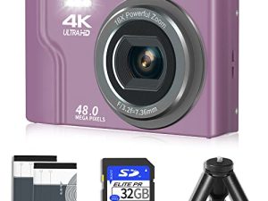 كاميرا رقمية ، كاميرا VJIANGER 4K بدقة 48 ميجابكسل للتصوير الفوتوغرافي ، كاميرا تصوير فيديو 2.8 بوصة مع تركيز يدوي ، تكبير رقمي 16X ، بطاريتان ، بطاقة SD 32 جيجابايت ، حامل ثلاثي القوائم (وردي)