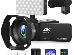 MURAUX 4K Video Camera Camcorder ، Ultra HD 4K 56MP Vlogging Camera for YouTube with WiFi ، Microphone Dual Color Light Remote Control 18X Digital Zoom ، Lens Hood ، 32GB SD Card and 2 Battery