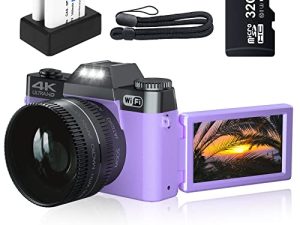 كاميرا VJIANGER 4K الرقمية للتصوير الفوتوغرافي 48MP Vlogging Camera for YouTube with 3.0 '' 180 ° Flip Screen، WiFi، 16X Digital Zoom، Wide Angle & Macro Lens، 2 Bare، 32GB Micro SD Card (W02-Purple30)