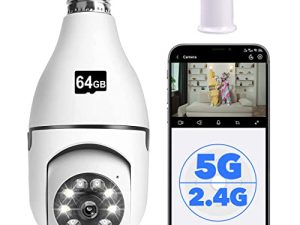 كاميرا Tashi 1080P المصباح الكهربائي ، 5 جيجاهرتز و 2.4 جيجاهرتز WiFi Home Security كاميرا مراقبة 360 درجة مع إنذار للكشف عن الحركة ، كاميرا للرؤية الليلية بمقبس ضوئي