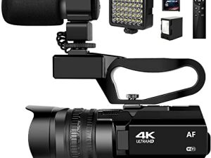 كاميرا فيديو 4K HD Auto Focus Camcorder 48MP 60FPS 30X Digital Zoom Camera لوظيفة YouTube LED بطارية 4500mAh مع مثبت محمول باليد وجهاز تحكم عن بعد وميكروفون وبطاقة SD 64G