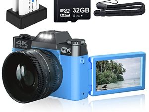 كاميرا رقمية 4K للتصوير الفوتوغرافي والفيديو VJIANGER 48MP Vlogging Camera with Flip Screen، WiFi، 16X Digital Zoom، 52mm Wide Angle & Macro Lenses، 2 Bare، 32GB TF Card (YL29-Blue)