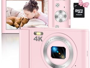 كاميرا رقمية ، كاميرا فيديو مدمجة بدقة 4K بدقة 48 ميجابكسل مع بطاقة SD 16X Zoom 32GB ، وكاميرا بوينت آند شوت للكبار من الطلاب الصغار والمبتدئين (وردي)