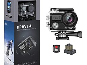 AKASO Brave 4 4K 20MP كاميرا أكشن تعمل بالواي فاي فائقة الدقة مع EIS 30m تحت الماء كاميرا مقاومة للماء جهاز تحكم عن بعد 5X Zoom تحت الماء مع بطاريتين ومجموعة ملحقات خوذة