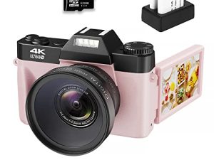 كاميرا VJIANGER 4K Vlogging لـ YouTube كاميرا رقمية بدقة 48 ميجابكسل للتصوير الفوتوغرافي والفيديو مع شاشة فليب ، تركيز يدوي ، تكبير رقمي 16X ، زاوية عريضة 52 مم وعدسة ماكرو ، بطاقة 32 جيجابايت TF ، بطاريتان (وردي)