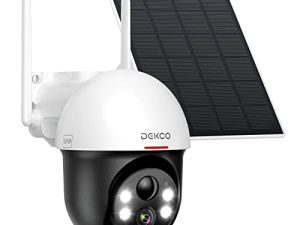 DEKCO 【إصدار جديد】 كاميرا مراقبة خارجية تعمل بالطاقة الشمسية بدقة 5 ميجابكسل ، نظام أمان منزلي مع أضواء كاشفة ، رؤية ليلية ، عرض 360 درجة ، صوت ثنائي الاتجاه ، اكتشاف الإنسان ، توصيل 2.4 جيجا هرتز WiFi DC9P