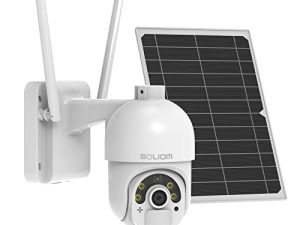 SOLIOM Solar Security Camera Outdoor ، واي فاي لاسلكي بطارية قابلة للشحن تعمل بالبطارية كاميرا منزلية مع لوحة ، رؤية ليلية ملونة بأضواء كاشفة وكشف حركة PIR ، صفارة الإنذار ، صوت ثنائي الاتجاه ، التخزين السحابي / SD S800C