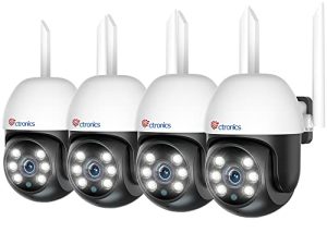 Ctronics Security Camera Outdoor ، نظام أمان منزلي بكاميرا 1080P WiFi ، 65 قدمًا للرؤية الليلية ، اكتشاف الإنسان ، تتبع تلقائي PTZ 350 ° 90 ° 24/7 تخزين بطاقة SD ثنائية الاتجاه IP66 ، 4 عبوات
