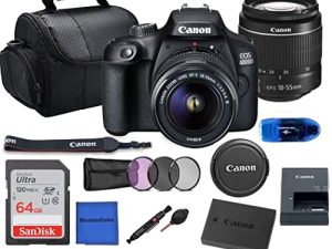 Canon EOS 4000D (Rebel T100) DSLR Camera w / Canon EF-S 18-55mm F / 3.5-5.6 Zoom Lens + Case + Sandisk 64GB Memory Card + 3pc Filter Kit + Card Reader + Cleaning Kit (International Model) (متجدد)