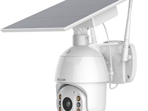 SOLIOM S600 كاميرا أمان منزلية خارجية ، شبكة WiFi لاسلكية قابلة للإمالة بزاوية 360 درجة ، نظام يعمل بالبطارية الشمسية ، كشف الحركة وصفارة الإنذار ، رؤية ليلية ملونة ، حديث ثنائي الاتجاه ، وصول عن بعد ، Cloud / SD