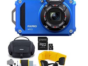 كاميرا كوداك PIXPRO WPZ2 الرقمية المقاومة للماء بدقة 16 ميجابكسل مع زووم بصري 4 × (أزرق) مع حقيبة أدوات Koah Nostrand وحزام الكاميرا العائم (أصفر) وبطاقة ذاكرة UHS-I microSDHC بسعة 32 جيجا بايت (4 عناصر)