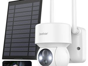 jeeber 2K Solar Security Camera Outdoor Wireless WiFi with Spotlight and Siren ، 15000mAh بطارية تعمل بالطاقة الشمسية مع رؤية ليلية ملونة ، كاميرا 360 ° PTZ ، 2-Way Talk ، PIR Motion Detection ، IP65