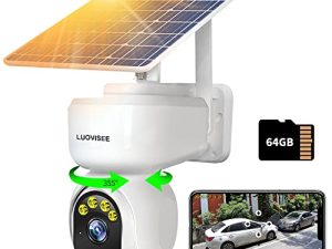 Luovisee Wireless Solar Outdoor Home Security WiFi كاميرا PTZ رؤية ليلية كاملة الألوان مع صوت ، PIR Motion Detection ، بطاقة SD 64G ، بطارية قابلة لإعادة الشحن ، IP65 مقاومة للطقس ، صفارة الإنذار ، 360 View