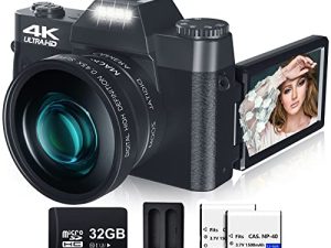 كاميرا رقمية للتصوير الفوتوغرافي والفيديو VJIANGER 4K 48MP Vlogging Camera for YouTube with 180 ° Flip Screen، 16X Digital Zoom، 52mm Wide Angle & Macro Lens، 32GB TF Card، 2 B battery (W01-Black)