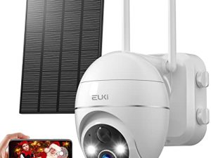 كاميرات مراقبة EUKI لاسلكية خارجية ، نظام كاميرا أمان شمسي 2K 360 درجة PTZ مع ضوء كشاف وصفارة ، كاميرات مراقبة خارجية 2.4 جيجا هرتز ، رؤية ليلية ملونة ، اكتشاف حركة PIR ، تحدث ثنائي الاتجاه ، IP66