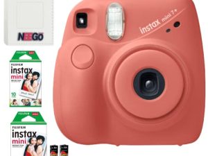 مجموعة Fujifilm Instax Mini 7+ للكاميرا الفورية - مجموعة فاخرة ، فيلم Fuji Instax Mini (20 ورقة) ، ألبوم صور NeeGo (مرجاني)