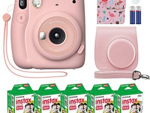 Fujifilm Instax Mini 11 Instant Camera Blush Pink + جراب مخصص + حزمة قيمة لفيلم Fuji Instax (50 ورقة) ألبوم صور مصمم فلامنغو لصور Fuji instax Mini 11