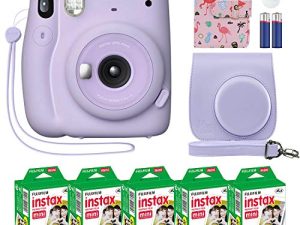 Fujifilm Instax Mini 11 كاميرا فورية أرجواني أرجواني + جراب مخصص + حزمة قيمة لفيلم Fuji Instax (50 ورقة) ألبوم صور مصمم فلامنغو لصور Fuji instax Mini 11