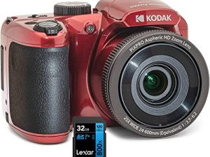كوداك AZ255-RD PIXPRO Astro Zoom 16MP كاميرا رقمية 25X زووم بصري أحمر حزمة مع بطاقة ذاكرة ليكسار 32 جيجا عالية الأداء 800x UHS-I SDHC سلسلة زرقاء