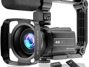 كاميرا فيديو 4K كاميرا فيديو UHD 48 ميجابكسل واي فاي الأشعة تحت الحمراء للرؤية الليلية Vlogging لشاشة يوتيوب التي تعمل باللمس 16X مسجّل كاميرا زووم رقمي مع ميكروفون ومثبت يدوي وغطاء عدسة وجهاز تحكم عن بعد وبطاريتين