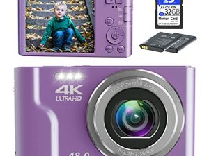كاميرا سنين الرقمية ، كاميرات 4K للتصوير الفوتوغرافي ، كاميرا رقمية صغيرة ومضغوطة للأطفال بدقة 48 ميجابكسل للمراهقين وكبار السن والمبتدئين وبطاقة SD بسعة 32 جيجابايت وبطاريتين قابلتين لإعادة الشحن لهدايا الكريسماس وأعياد الميلاد - أرجواني