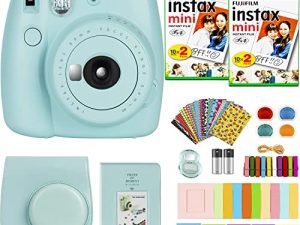 كاميرا Fujifilm Instax Mini 9 الفورية + فيلم Fujifilm Instax Mini (40 ورقة) حزمة مع ملحقات رقم واحد بما في ذلك حقيبة الحمل ، وفلاتر الألوان ، وألبوم صور للأطفال + المزيد (أزرق ثلجي)
