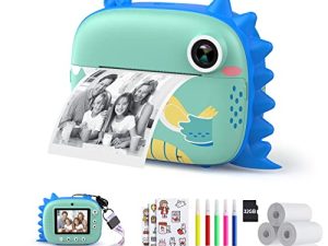 HiMont Kids Camera Instant Print ، كاميرا رقمية للأطفال مع ورق طباعة خالٍ من الحبر وبطاقة 32G TF ، كاميرا فيديو سيلفي مع أقلام ملونة ومشابك للصور من أجل DIY ، هدية للأولاد بعمر 3-12 سنة (أزرق)