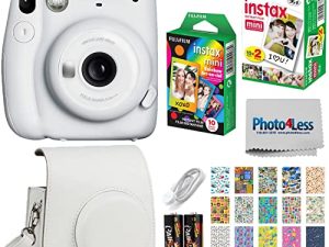 كاميرا Fujifilm Instax Mini 11 الفورية - أبيض ثلجي (16654798) + Fujifilm Instax Mini Twin Pack فيلم فوري (16437396) + حزمة واحدة بغشاء قوس قزح + حافظة + ملصقات السفر