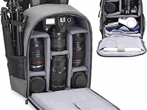 حقيبة ظهر للكاميرا Cwatcun احترافية لكاميرا SLR DSLR عديمة المرآة ، جراب كاميرا مقاوم للماء متوافق مع كاميرا نيكون Sony Nikon وملحقات حامل ثلاثي الأرجل (Ⅱ رمادي صغير)
