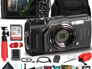 كاميرا Olympus Tough TG-6 المقاومة للماء (سوداء) - حزمة المغامرات - مع بطاريتين إضافيتين + حزام عائم + بطاقة ذاكرة Ultra سعة 64 جيجابايت من Sandisk + حافظة مبطنة + حامل ثلاثي القوائم مرن + مجموعة برامج صور + المزيد