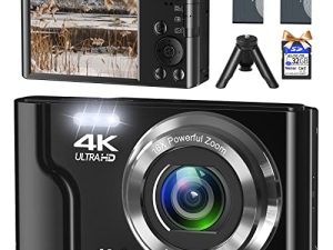 كاميرا VJIANGER 4K بدقة 48 ميجابكسل للتصوير الفوتوغرافي كاميرا فيديو مدمجة 2.8 بوصة لكاميرا فيديو محمولة مدمجة مع تركيز يدوي ، تكبير رقمي 16X ، بطاريتان ، بطاقة SD 32 جيجا بايت ، حامل ثلاثي القوائم (أسود)