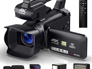 كاميرا فيديو JLANDA 4K ، كاميرا فيديو مدمجة بدقة 64 ميجابكسل 60 إطارًا في الثانية 18 × تقريب رقمي التركيز التلقائي على YouTube ، كاميرا فيديو عالية الدقة WiFi مع بطارية 4500 مللي أمبير في الساعة ، بطاقة SD ، مثبت ، ميكروفون ، جهاز تحكم عن بعد وملء الضوء