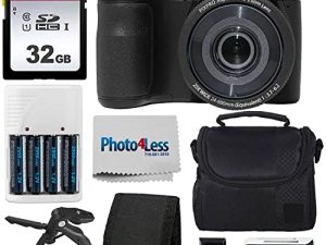 طقم كاميرا رقمية Kodak PIXPRO AZ255 (أسود) + حافظة كاميرا بوينت آند شوت + بطاقة ذاكرة SD بسعة 32 جيجا بايت + شاحن بطاريات قابلة لإعادة الشحن + قارئ بطاقة USB + حامل ثلاثي القوائم + ملحقات