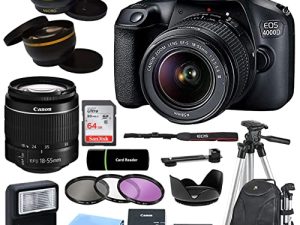 كاميرا Canon EOS 4000D / Rebel T100 DSLR مع عدسة تكبير EF-S 18-55 ملم + بطاقة ذاكرة SanDisk بسعة 64 جيجا بايت + حامل ثلاثي القوائم + حافظة + عدسات عريضة + قماش رقمي Rtech (حزمة 20 قطعة) ، أسود ، حزمة cn4000d (متجددة)