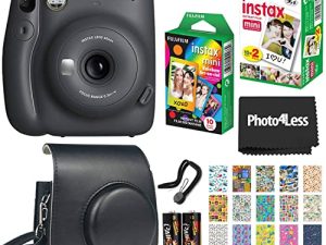 كاميرا Fujifilm Instax Mini 11 الفورية - رمادي فحمي (16654786) + Fujifilm Instax Mini Twin Pack فيلم فوري (16437396) + حزمة واحدة بغشاء قوس قزح + جراب + ملصقات السفر