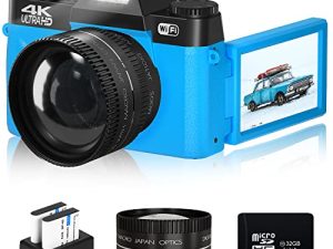 كاميرا 4K Vlogging كاميرا رقمية بدقة 48 ميجابكسل للتصوير الفوتوغرافي على YouTube مع WiFi ، وملء الضوء ، والتركيز اليدوي ، والتكبير الرقمي 16X ، وعدسة الزاوية العريضة 52 مم وعدسة ماكرو ، وبطاريتان وبطاقة TF 32 جيجابايت （أزرق）