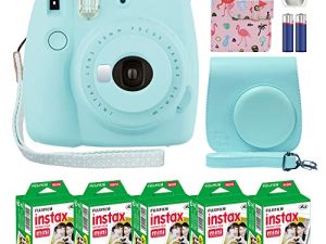 كاميرا Fujifilm Instax Mini 9 الفورية آيس بلو مع حقيبة مخصصة + حزمة قيمة فيلم Fuji Instax (50 ورقة) ألبوم صور مصمم فلامنغو لصور Fuji instax Mini 9