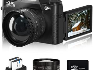 كاميرا 4K Vlogging كاميرا رقمية بدقة 48 ميجابكسل للتصوير الفوتوغرافي على YouTube مع WiFi ، وملء الضوء ، والتركيز اليدوي ، والتكبير الرقمي 16X ، وعدسة الزاوية العريضة 52 مم وعدسة ماكرو ، وبطاريتان وبطاقة TF 32 جيجابايت （أسود）