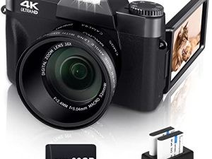 كاميرا رقمية للتصوير الفوتوغرافي والفيديو VJIANGER 4K 48MP Vlogging Camera for YouTube with 180 ° Flip Screen، 16X Digital Zoom، 52mm Wide Angle & Macro Lens، 2 Bare and 32GB TF Card (W01-1 Black2)