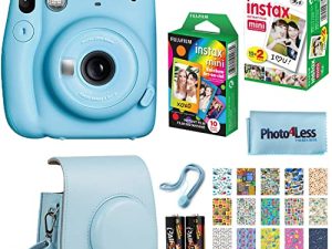 كاميرا Fujifilm Instax Mini 11 الفورية - أزرق سماوي (16654762) + Fujifilm Instax Mini Twin Pack فيلم فوري (16437396) + حزمة واحدة بغشاء قوس قزح + حافظة + ملصقات السفر