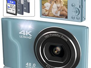 كاميرا سنين الرقمية ، كاميرات 4K للتصوير الفوتوغرافي ويوتيوب ، كاميرا رقمية صغيرة مدمجة بدقة 48 ميجابكسل للمراهقين والأطفال وكبار السن والمبتدئين وتقريب رقمي 16 مرة مع بطاقة SD بسعة 32 جيجابايت وبطاريتين قابلتين لإعادة الشحن - أزرق