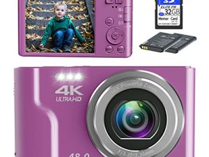 كاميرا سنين الرقمية ، كاميرات 4K للتصوير الفوتوغرافي ، كاميرا رقمية صغيرة ومضغوطة للأطفال بدقة 48 ميجابكسل للمراهقين وكبار السن والمبتدئين وبطاقة SD سعة 32 جيجابايت وبطاريتين قابلتين لإعادة الشحن لهدايا الكريسماس وأعياد الميلاد - وردي